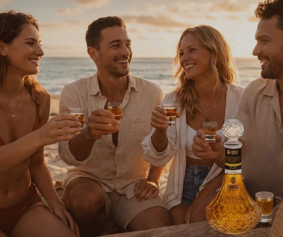 Amigos brindando con Terraluz en la playa